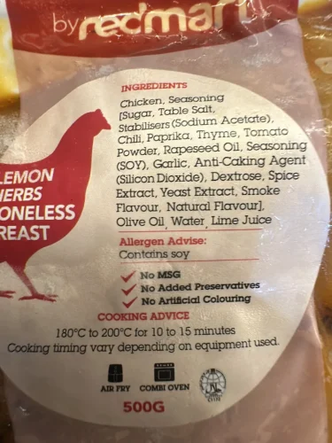 RedMart Lemon Herbs Marinated Chicken Boneless Breast (No MSG – Halal – Airfryer Ready) – Frozen, 2 Packs Total 1kg photo review